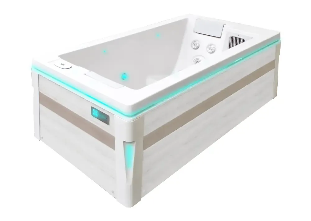 PassionSpa Serene 2 -poreallas – beige ja valkoinen, puukuvioinen pinta, turkoosi LED-valaistus PassionSpa Serene 2 -poreallas – beige ja valkoinen, puukuvioinen pinta, turkoosi LED-valaistus